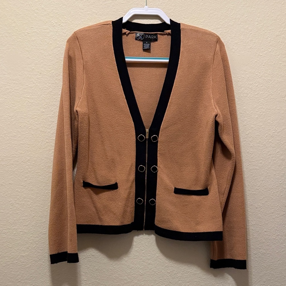 #220. 80 Park Tan Cardigan with Black Trim